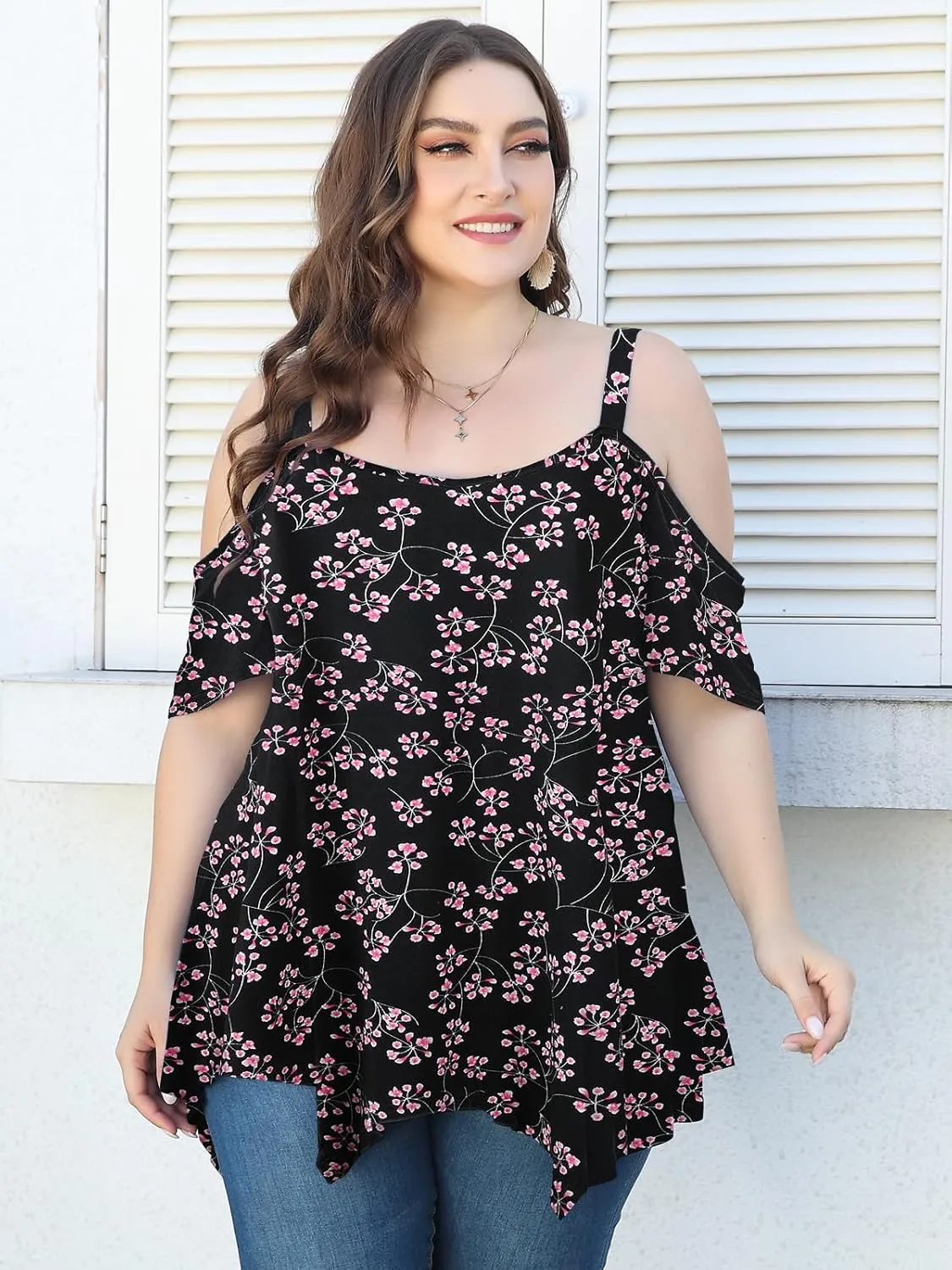 LARACE Cold Shoulder Tops for Womens Summer Clothes Spaghetti Strape Tunic Oversized Shirts Asymmetrical Plus Size Blouse