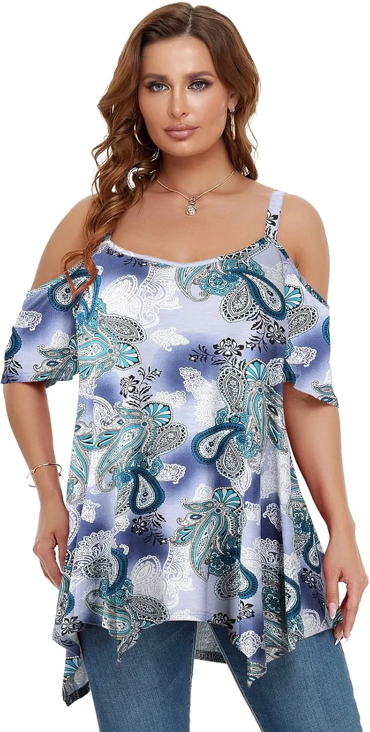 LARACE Cold Shoulder Tops for Womens Summer Clothes Spaghetti Strape Tunic Oversized Shirts Asymmetrical Plus Size Blouse