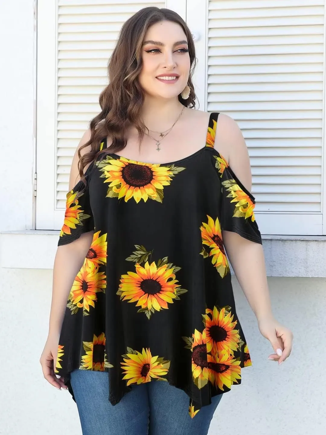 LARACE Cold Shoulder Tops for Womens Summer Clothes Spaghetti Strape Tunic Oversized Shirts Asymmetrical Plus Size Blouse