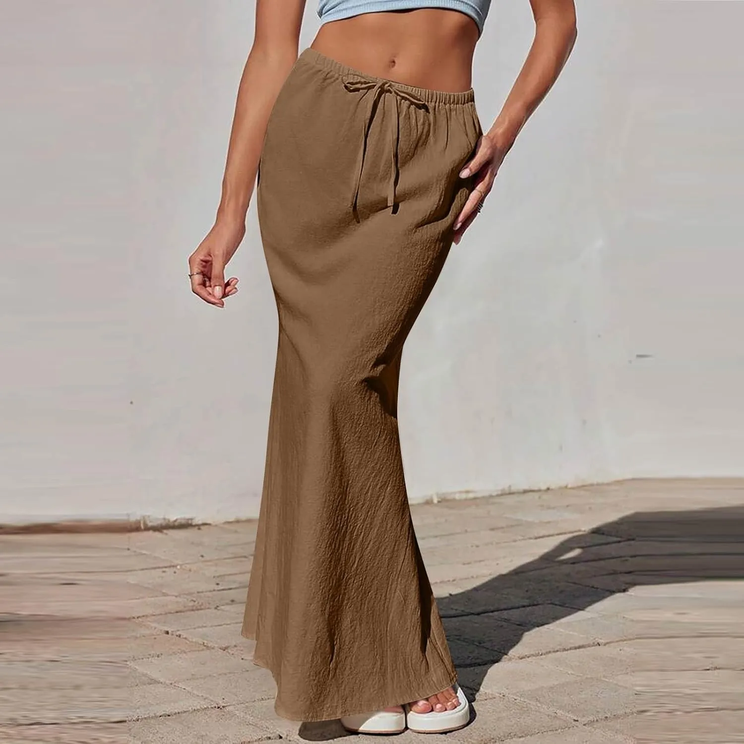 Linen Skirts for Women Trendy Summer Boho Maxi Skirts with Back Slit Casual Elastic Waist Drawstring Long Flowy Skirt