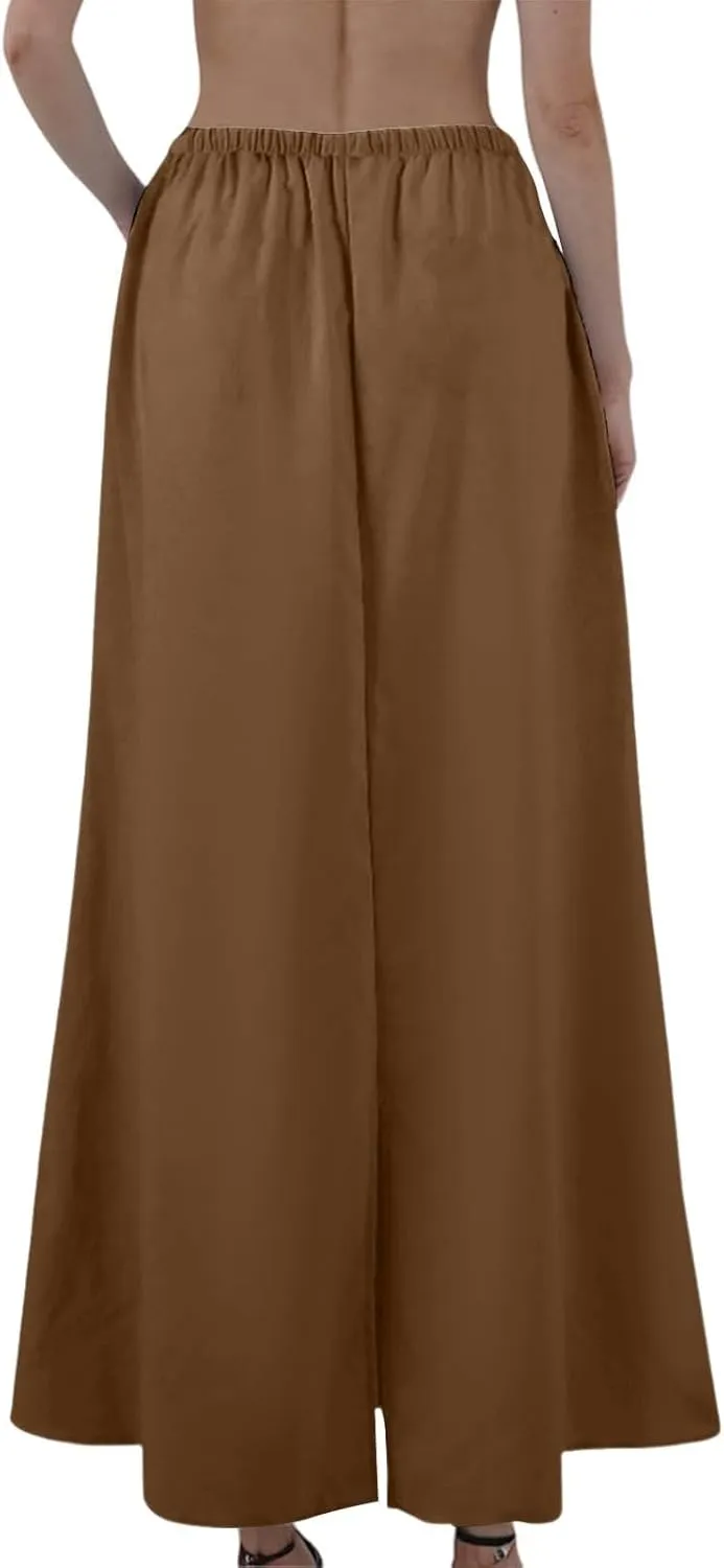 Linen Skirts for Women Trendy Summer Boho Maxi Skirts with Back Slit Casual Elastic Waist Drawstring Long Flowy Skirt