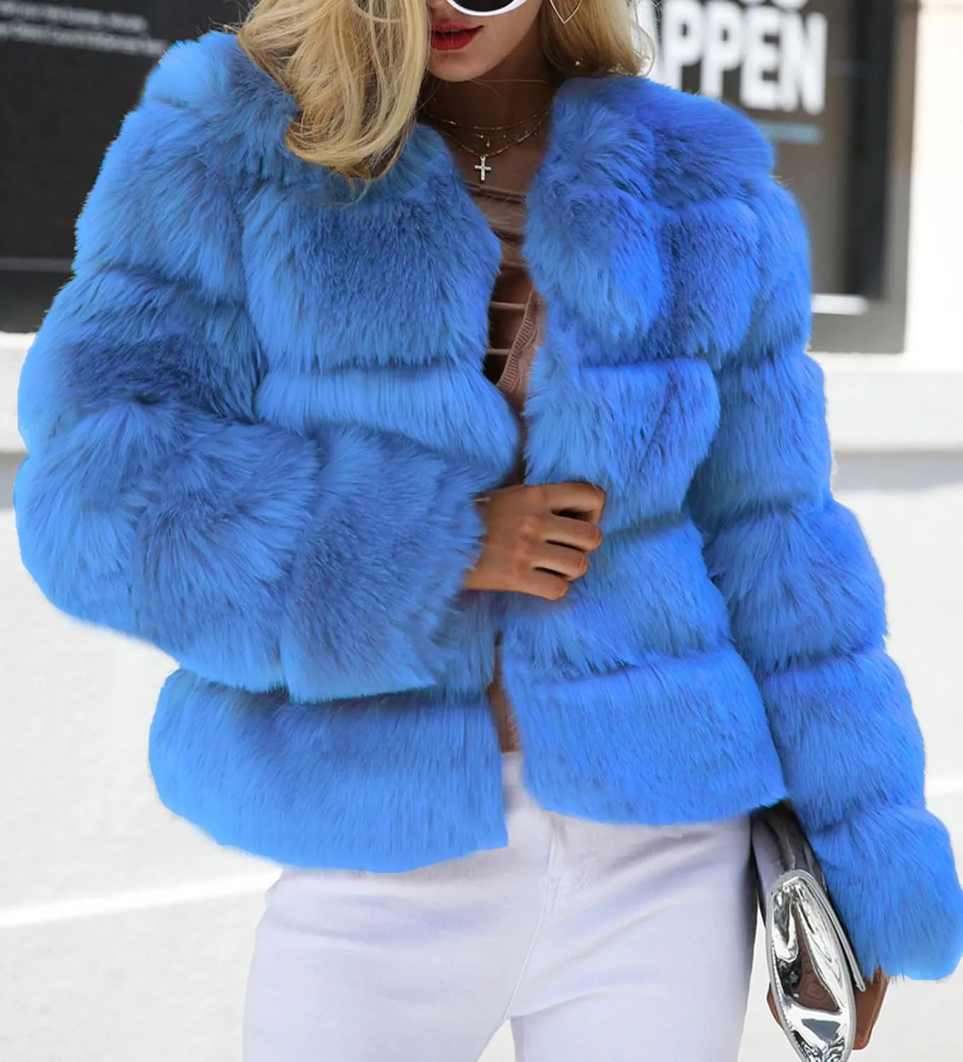 loveimgs Women Warm Fluffy Cropped Puffer Jacket Faux Fur Coat Crop Parka Collarless Winter Teddy Bear Coat Overcoat