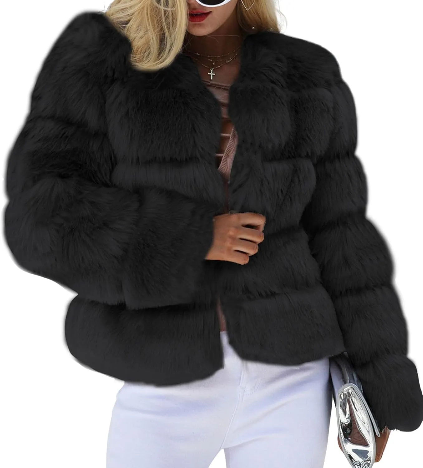 loveimgs Women Warm Fluffy Cropped Puffer Jacket Faux Fur Coat Crop Parka Collarless Winter Teddy Bear Coat Overcoat