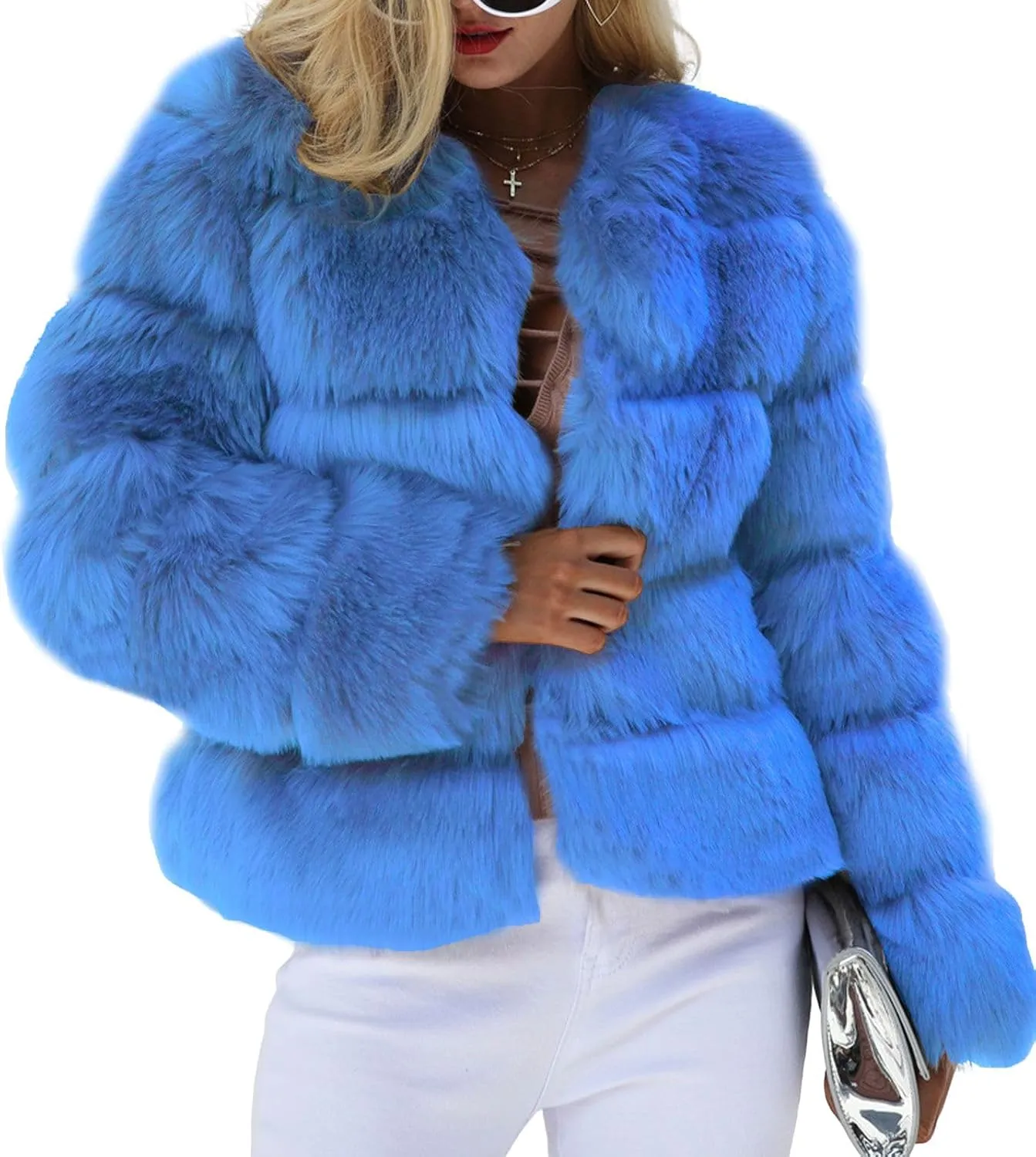 loveimgs Women Warm Fluffy Cropped Puffer Jacket Faux Fur Coat Crop Parka Collarless Winter Teddy Bear Coat Overcoat