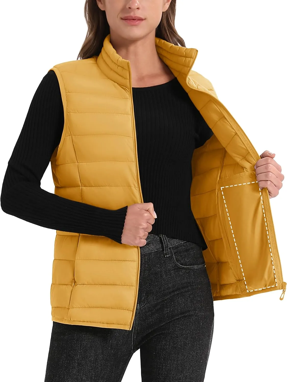 MAGCOMSEN Women's Puffer Vest Lightweight Stand Collar Zip 4 Pockets Puffy Vests Sleeveless Quilted Padded Outerwear