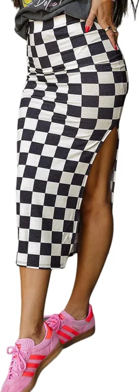 Melliflo Women's Plaid Midi Skirt High Waist Side Slit Classic Checkered Print Stretch Skirts