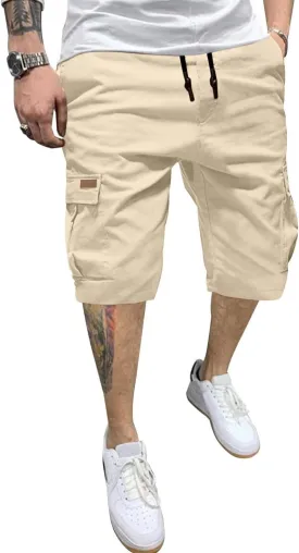 Mens Cargo Shorts Casual Waist Elastic Drawstring Outdoor Golf Shorts with 6 Pockets
