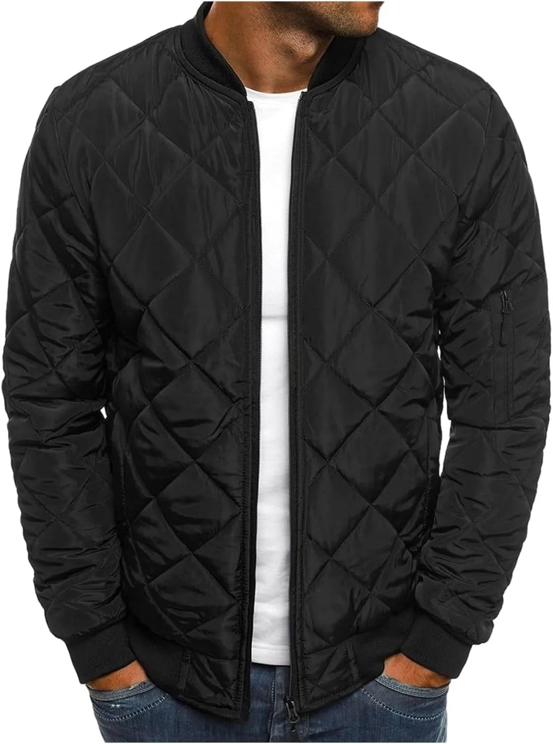 Men's Diamond Quilted Flight Bomber Jacket Lightweight Packable Warm Winter Padded Coat Varsity Multi-Purpose Outerwear