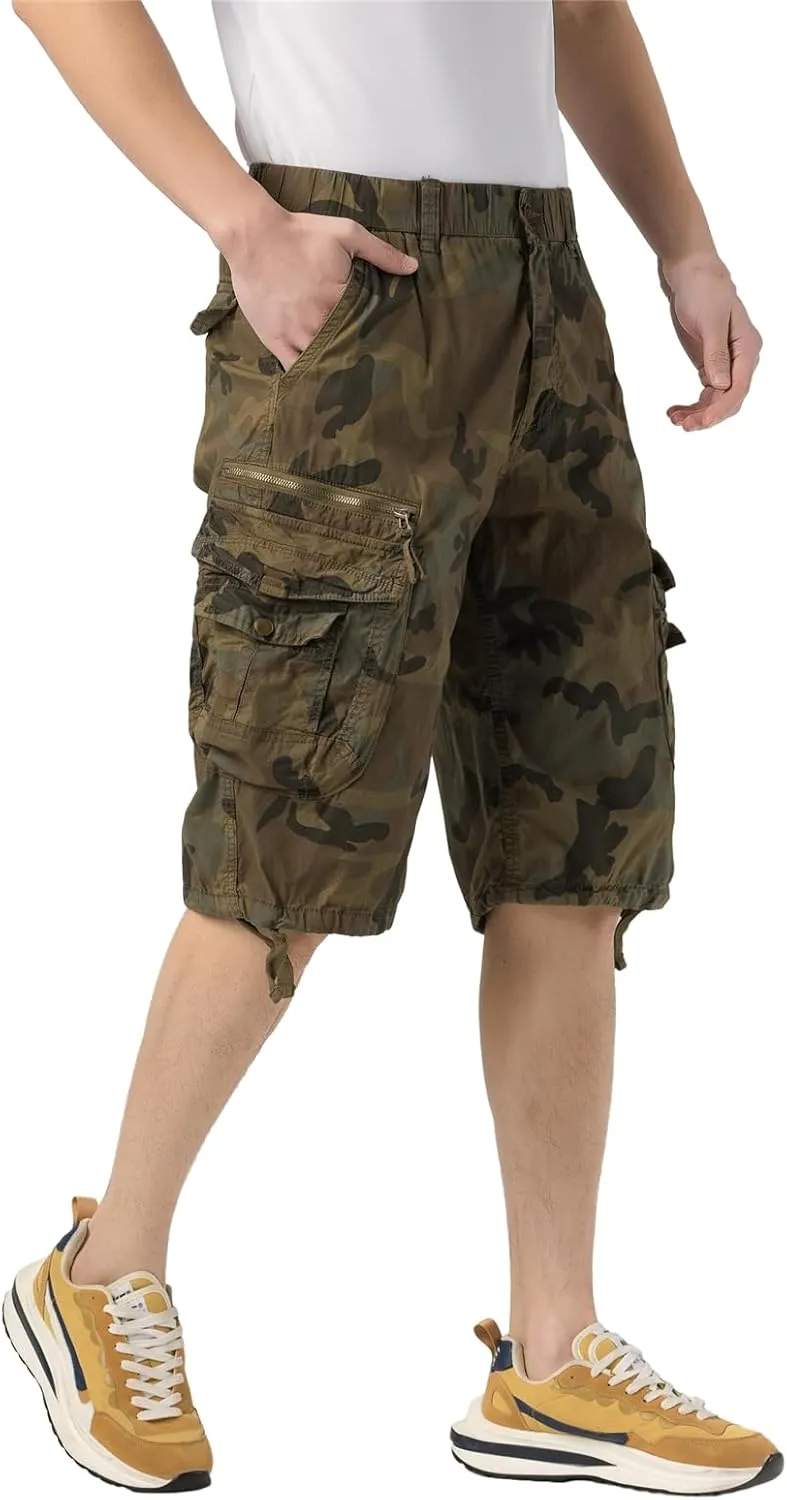 Mens Elastic Waist Cargo Shorts Zipper Pocket Relaxed Fit Stretch Cotton Hiking Camo Cargo Shorts for Men