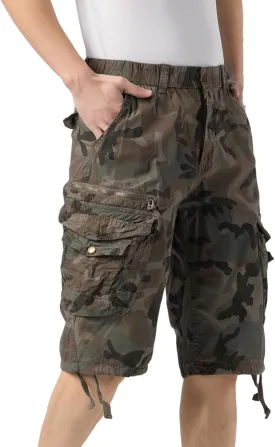 Mens Elastic Waist Cargo Shorts Zipper Pocket Relaxed Fit Stretch Cotton Hiking Camo Cargo Shorts for Men