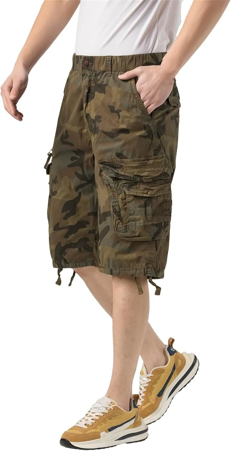 Mens Elastic Waist Cargo Shorts Zipper Pocket Relaxed Fit Stretch Cotton Hiking Camo Cargo Shorts for Men