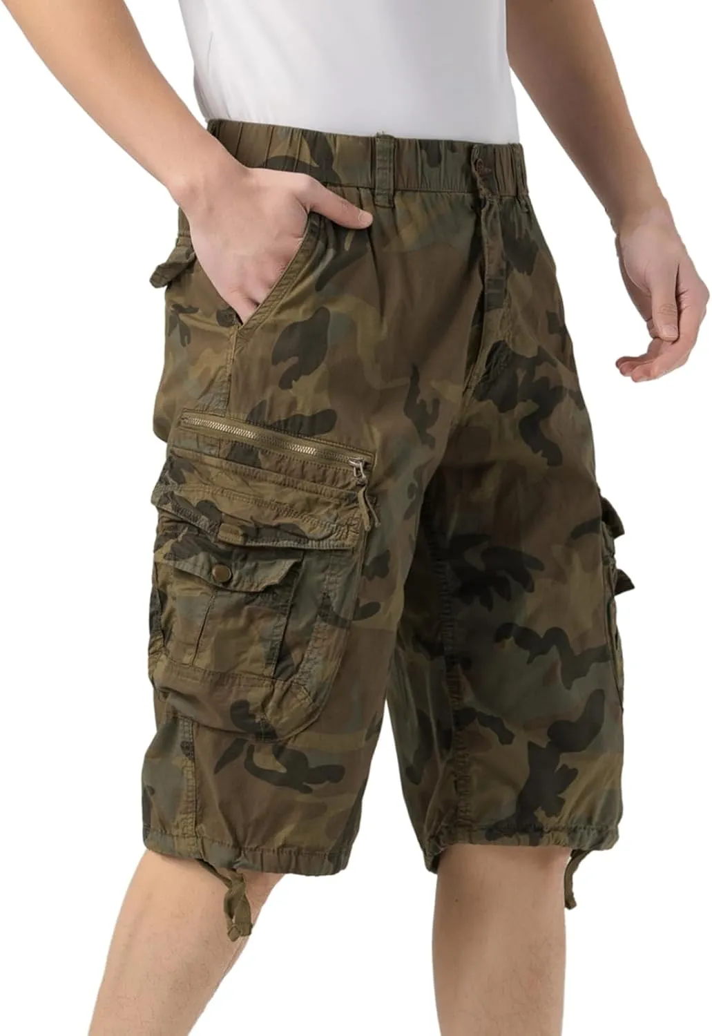 Mens Elastic Waist Cargo Shorts Zipper Pocket Relaxed Fit Stretch Cotton Hiking Camo Cargo Shorts for Men