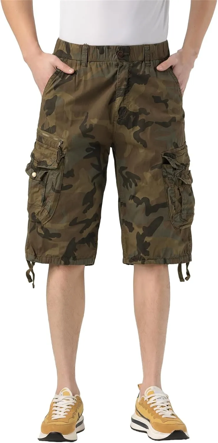 Mens Elastic Waist Cargo Shorts Zipper Pocket Relaxed Fit Stretch Cotton Hiking Camo Cargo Shorts for Men