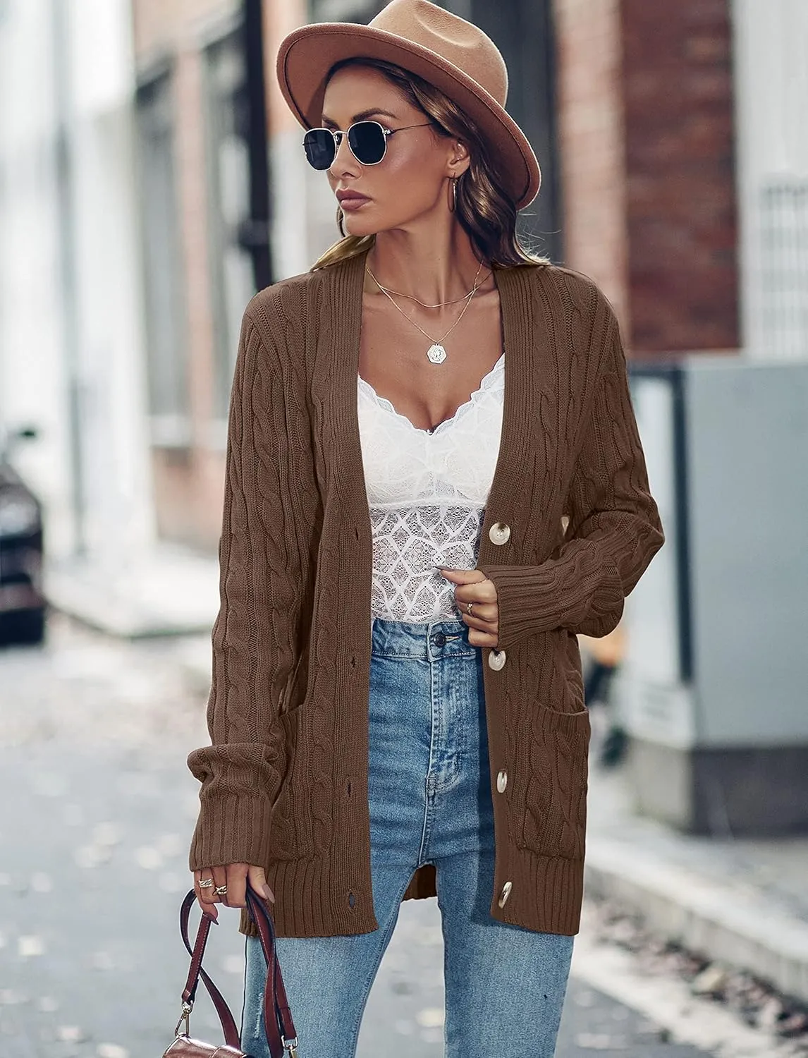 MEROKEETY Women's 2025 Long Sleeve Cable Knit Button Cardigan Sweater Open Front Outwear Coat with Pockets