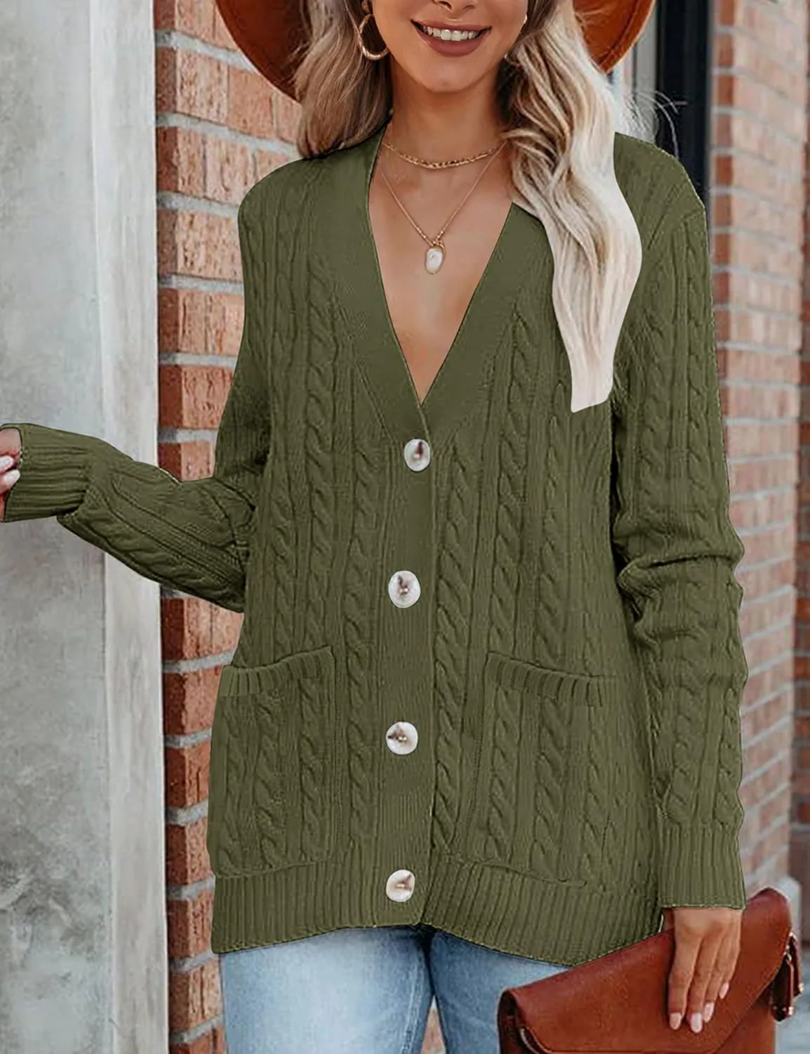MEROKEETY Women's 2025 Long Sleeve Cable Knit Button Cardigan Sweater Open Front Outwear Coat with Pockets