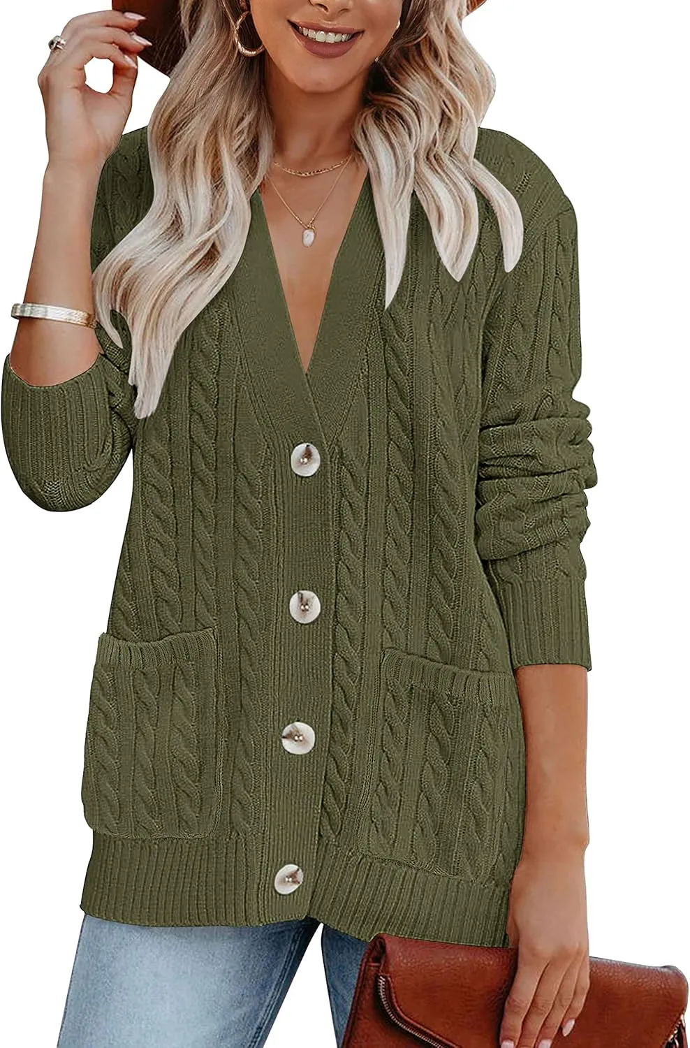 MEROKEETY Women's 2025 Long Sleeve Cable Knit Button Cardigan Sweater Open Front Outwear Coat with Pockets