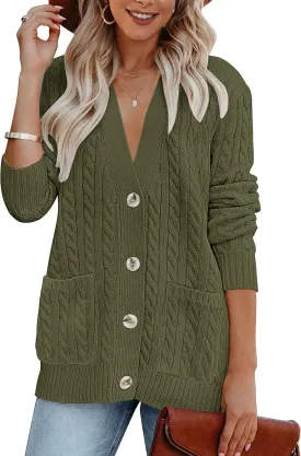 MEROKEETY Women's 2025 Long Sleeve Cable Knit Button Cardigan Sweater Open Front Outwear Coat with Pockets
