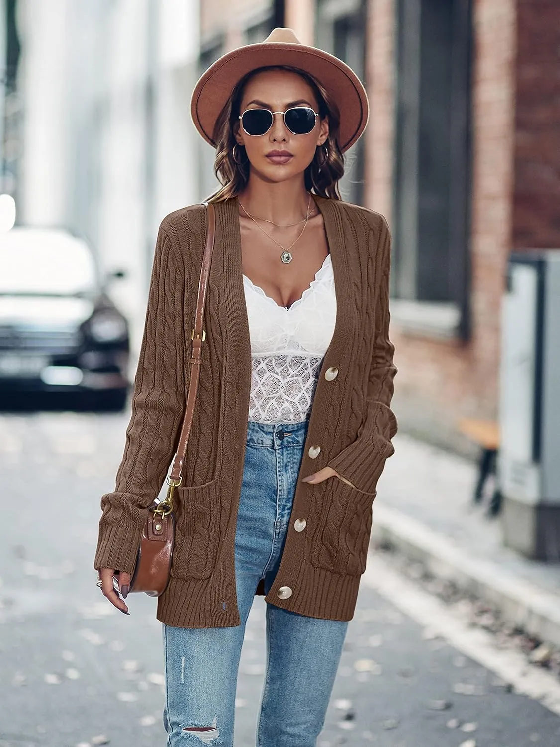 MEROKEETY Women's 2025 Long Sleeve Cable Knit Button Cardigan Sweater Open Front Outwear Coat with Pockets