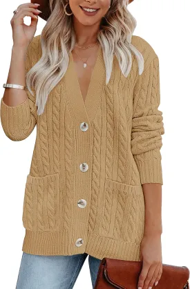 MEROKEETY Women's 2025 Long Sleeve Cable Knit Button Cardigan Sweater Open Front Outwear Coat with Pockets