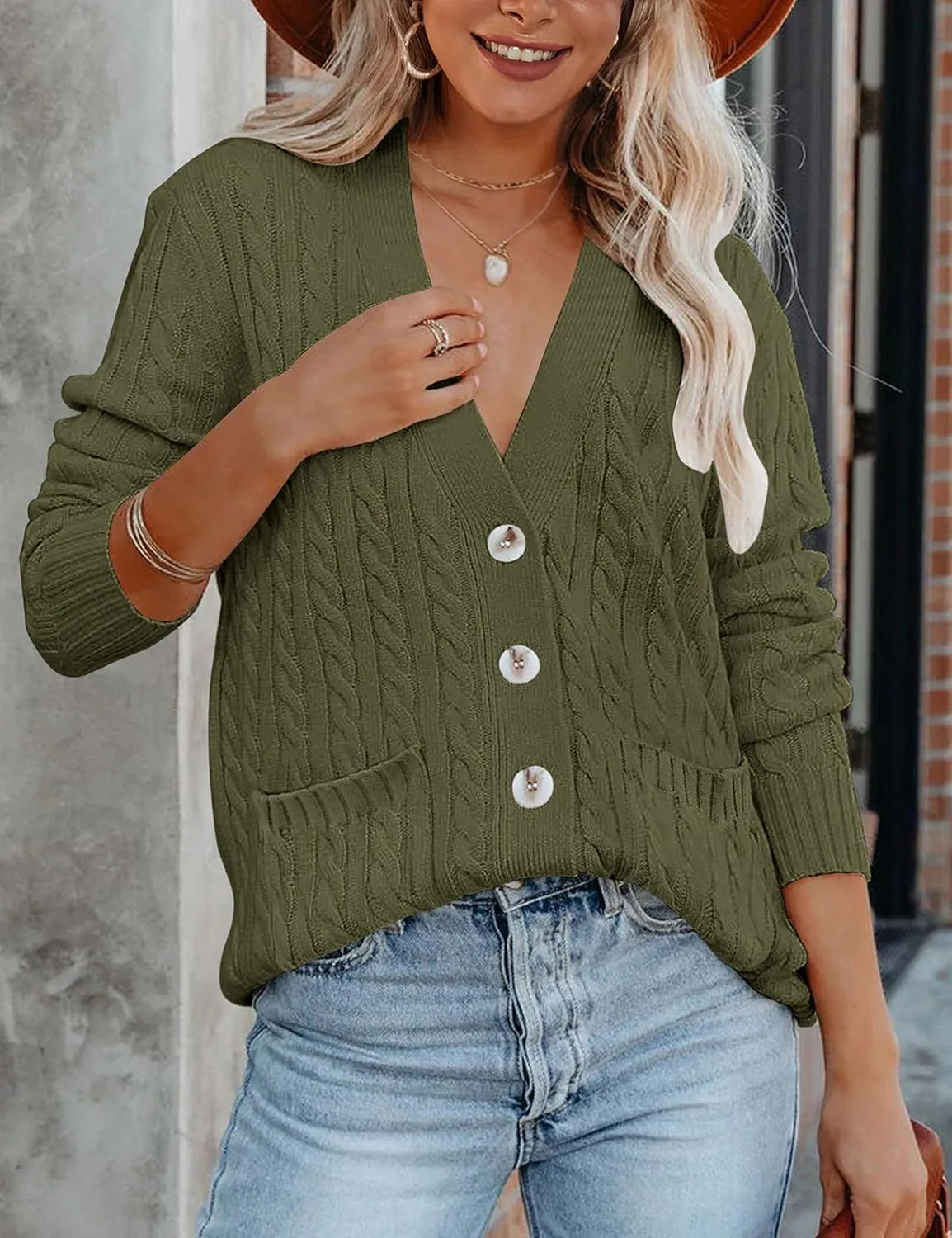 MEROKEETY Women's 2025 Long Sleeve Cable Knit Button Cardigan Sweater Open Front Outwear Coat with Pockets