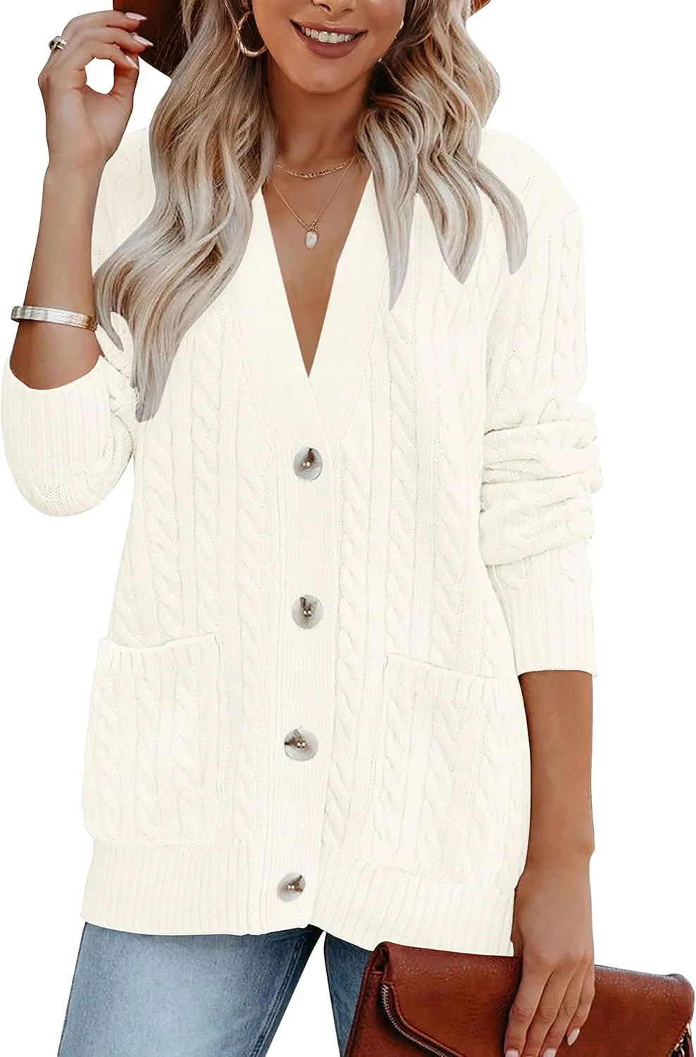 MEROKEETY Women's 2025 Long Sleeve Cable Knit Button Cardigan Sweater Open Front Outwear Coat with Pockets