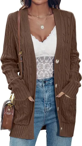 MEROKEETY Women's 2025 Long Sleeve Cable Knit Button Cardigan Sweater Open Front Outwear Coat with Pockets
