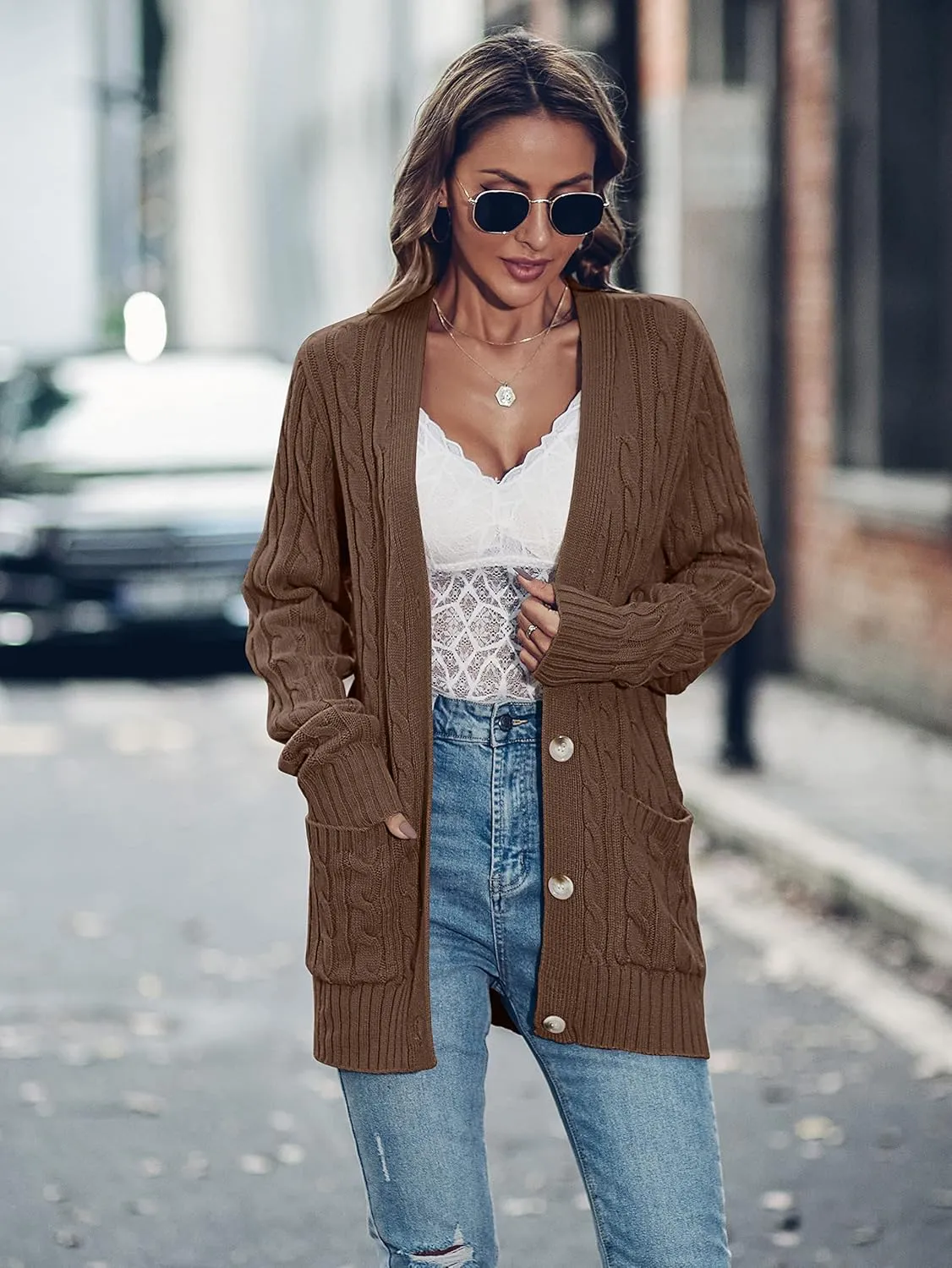 MEROKEETY Women's 2025 Long Sleeve Cable Knit Button Cardigan Sweater Open Front Outwear Coat with Pockets