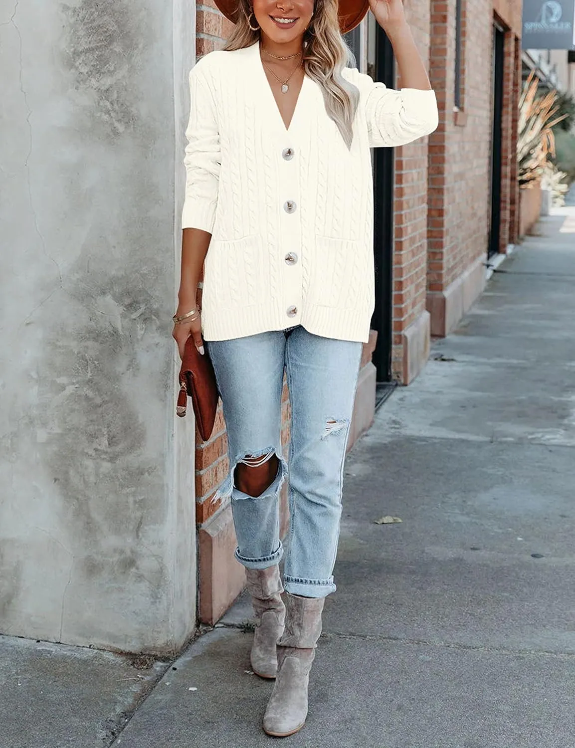 MEROKEETY Women's 2025 Long Sleeve Cable Knit Button Cardigan Sweater Open Front Outwear Coat with Pockets