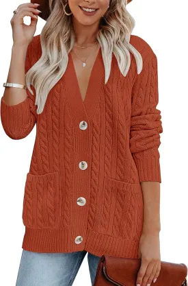 MEROKEETY Women's 2025 Long Sleeve Cable Knit Button Cardigan Sweater Open Front Outwear Coat with Pockets