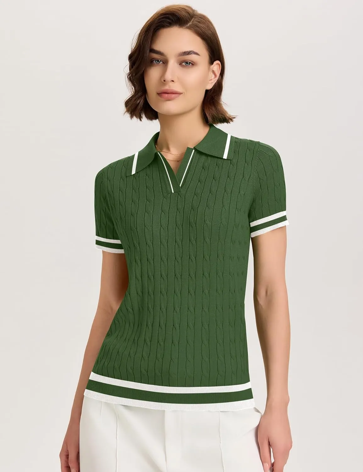 Micoson Womens Short Sleeve Sweater Tops Lapel V Neck Loose Shirts 2025 Summer Cable Knit Business Casual Outfits