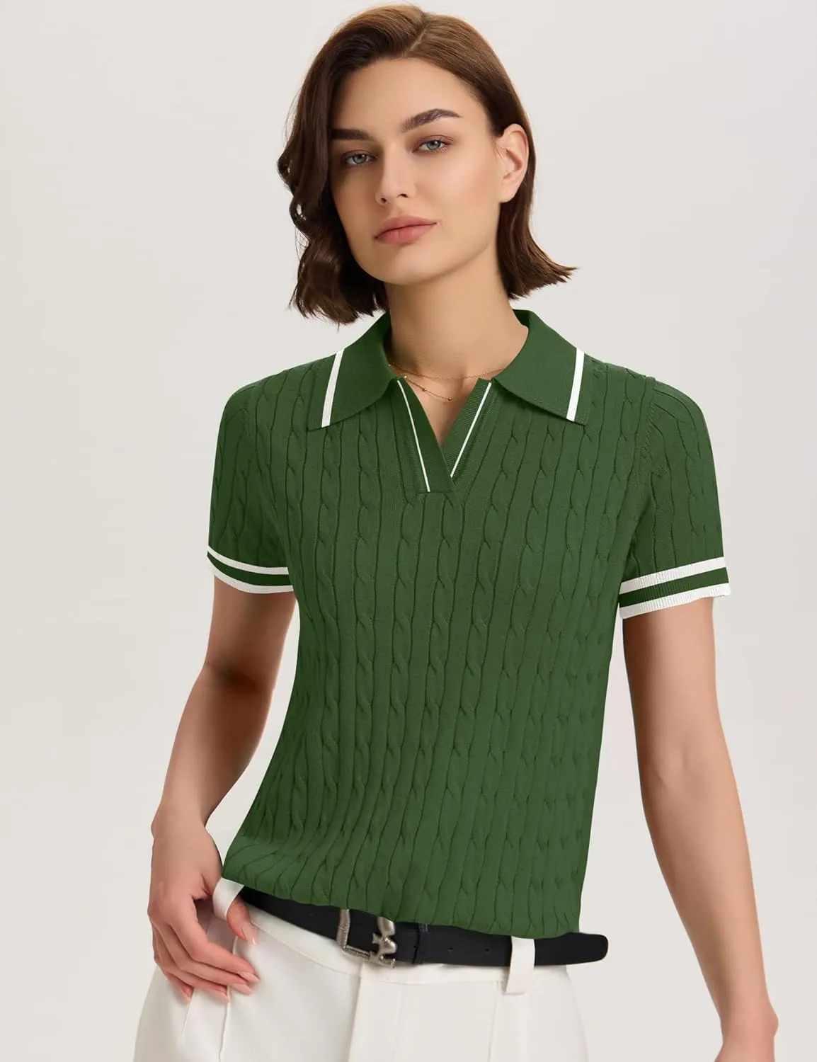 Micoson Womens Short Sleeve Sweater Tops Lapel V Neck Loose Shirts 2025 Summer Cable Knit Business Casual Outfits