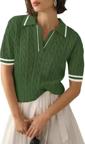 Micoson Womens Short Sleeve Sweater Tops Lapel V Neck Loose Shirts 2025 Summer Cable Knit Business Casual Outfits