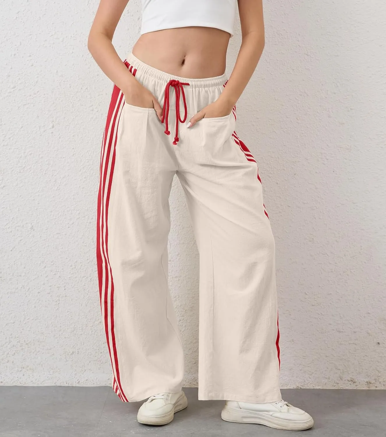 MISSACTIVER Women Side Striped Wide Leg Pants Color Block High Rise Drawstring Sweatpants Baggy Track Pants with Pockets