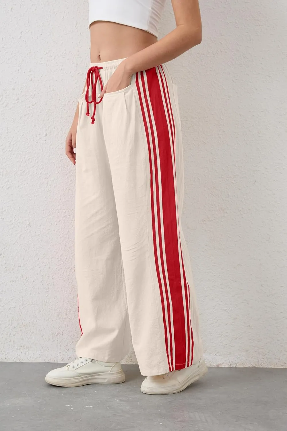 MISSACTIVER Women Side Striped Wide Leg Pants Color Block High Rise Drawstring Sweatpants Baggy Track Pants with Pockets