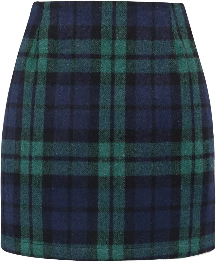 Mywinway Plaid Mini Skirt for Women Fall Winter High Waist A Line Bodycon Pencil Fall Skirts