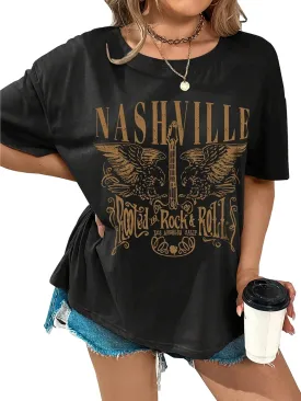 Nashville Music City T-Shirt Women Country Music Oversized Shirts Rock Band Tshirt Vintage Guitar Wings Graphic Tees