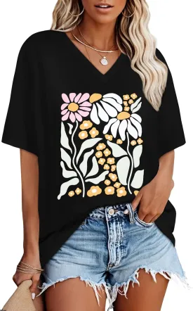 Oversized Tshirts for Women V Neck Short Sleeve Summer Casual Basic Loose Tops
