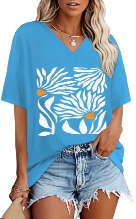 Oversized Tshirts for Women V Neck Short Sleeve Summer Casual Basic Loose Tops