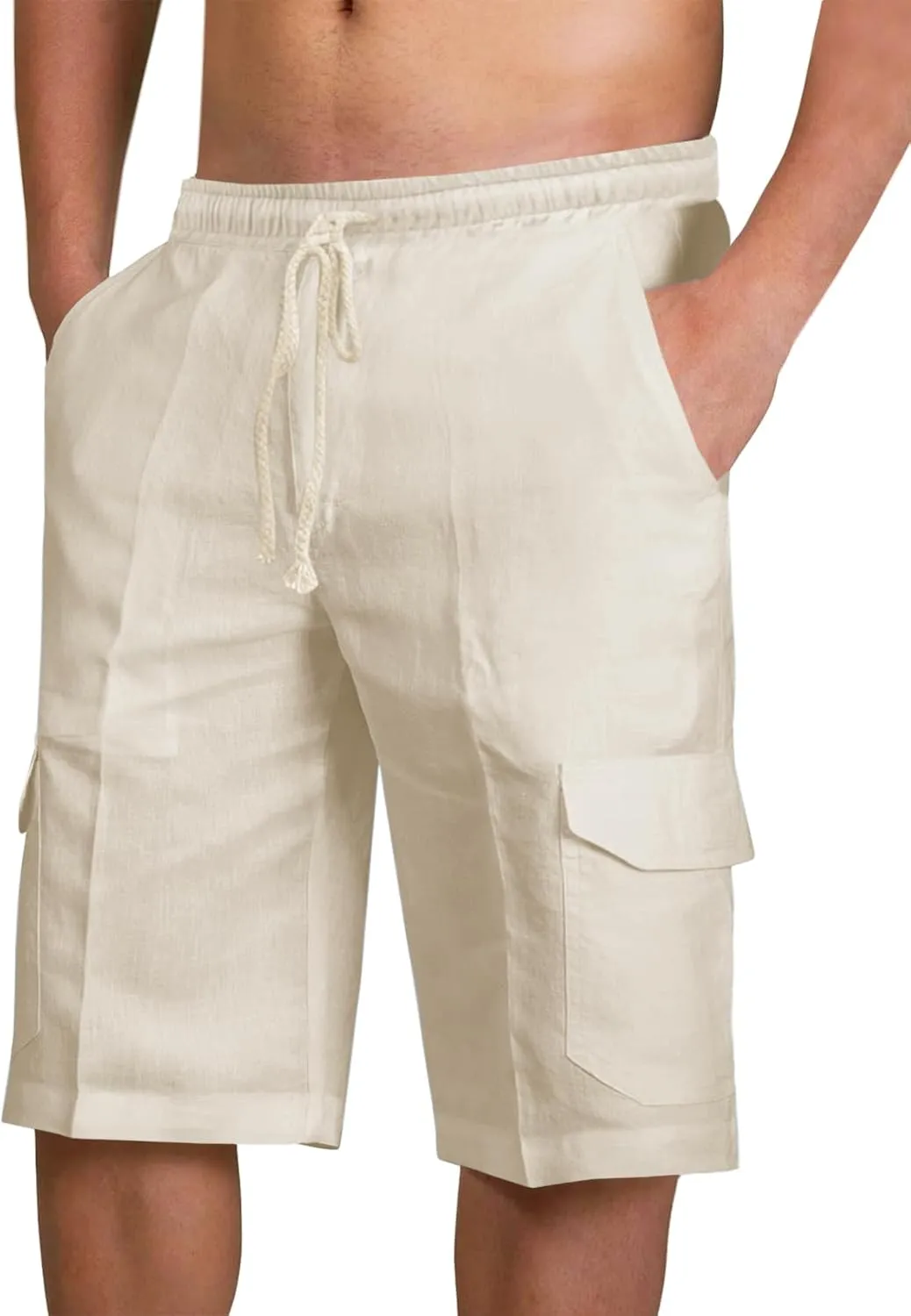 PASLTER Mens Cotton Linen Shorts Casual Elastic Waist Drawstring Lightweight Summer Beach Cargo Shorts