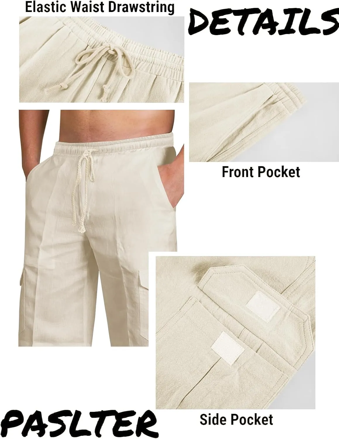 PASLTER Mens Cotton Linen Shorts Casual Elastic Waist Drawstring Lightweight Summer Beach Cargo Shorts