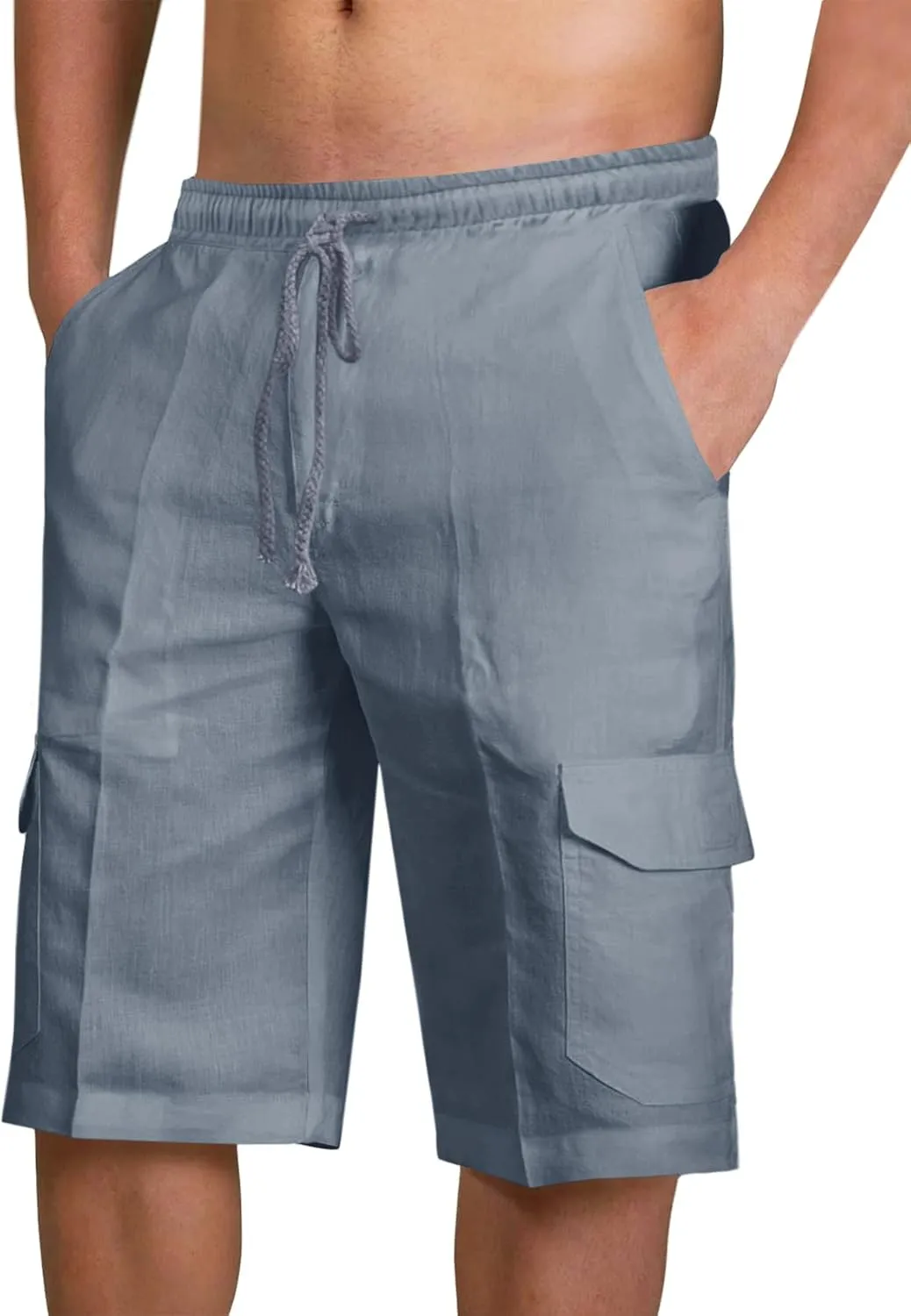 PASLTER Mens Cotton Linen Shorts Casual Elastic Waist Drawstring Lightweight Summer Beach Cargo Shorts