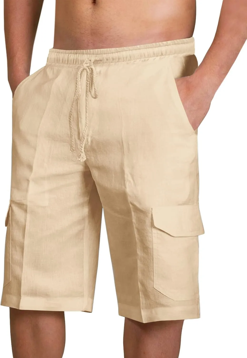 PASLTER Mens Cotton Linen Shorts Casual Elastic Waist Drawstring Lightweight Summer Beach Cargo Shorts