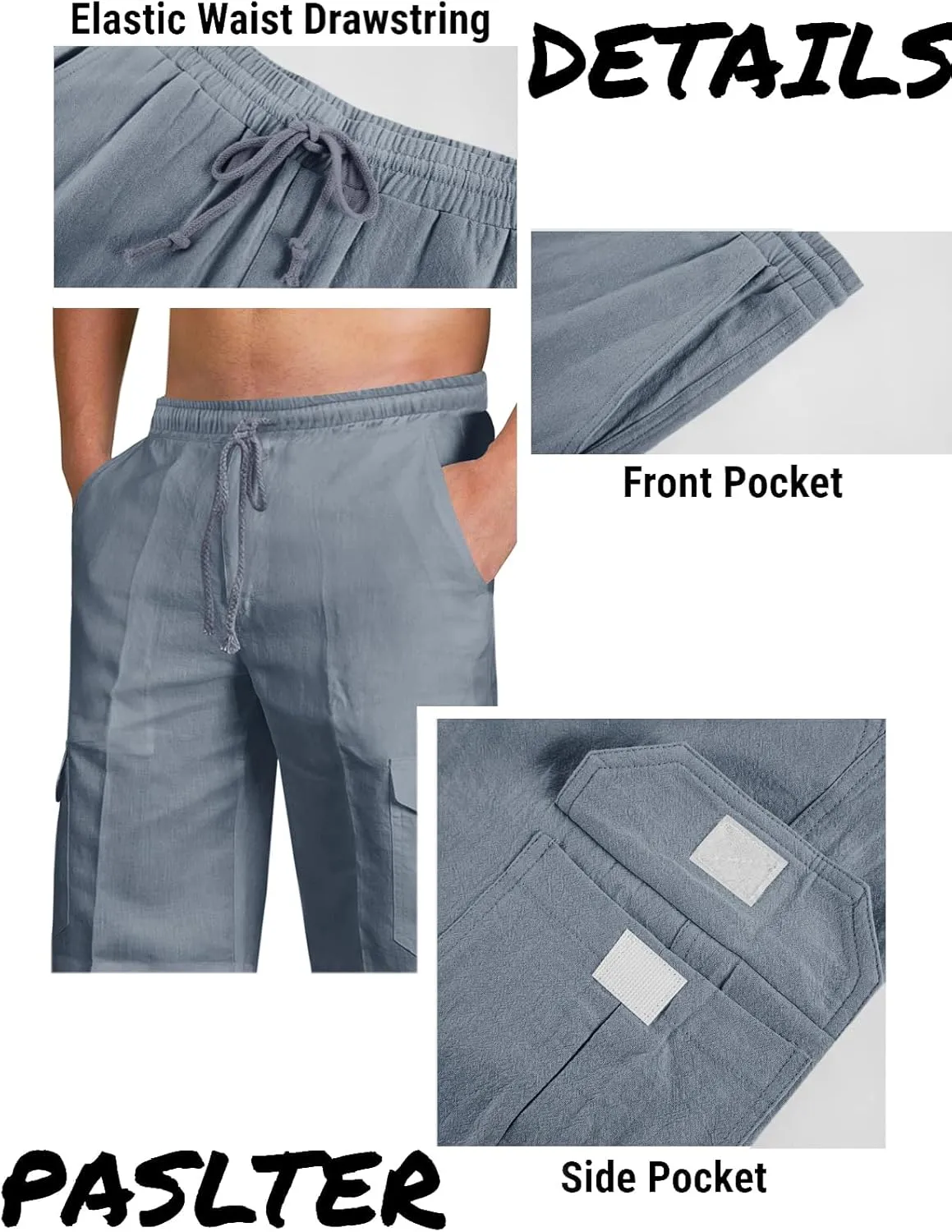 PASLTER Mens Cotton Linen Shorts Casual Elastic Waist Drawstring Lightweight Summer Beach Cargo Shorts