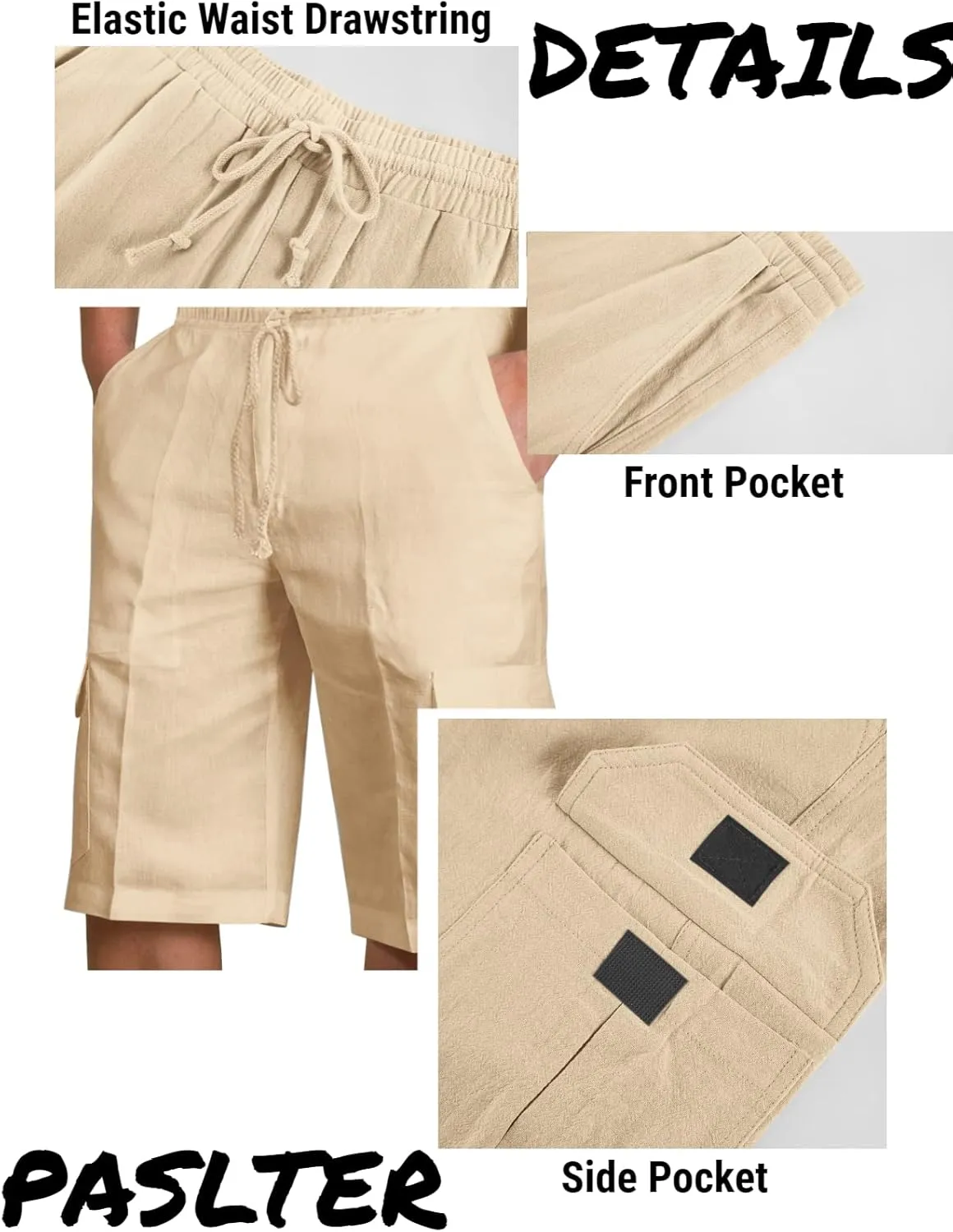 PASLTER Mens Cotton Linen Shorts Casual Elastic Waist Drawstring Lightweight Summer Beach Cargo Shorts