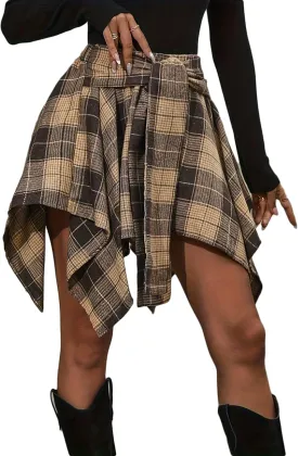 Plaid Asymmetrical Skirts for Women Elastic High Waist Tie Front Pleated Mini Skirt