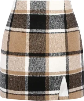 Plaid Mini Skirts for Womens High Waisted Fall Winter Wool Bodycon Pencil Skirts with Slit
