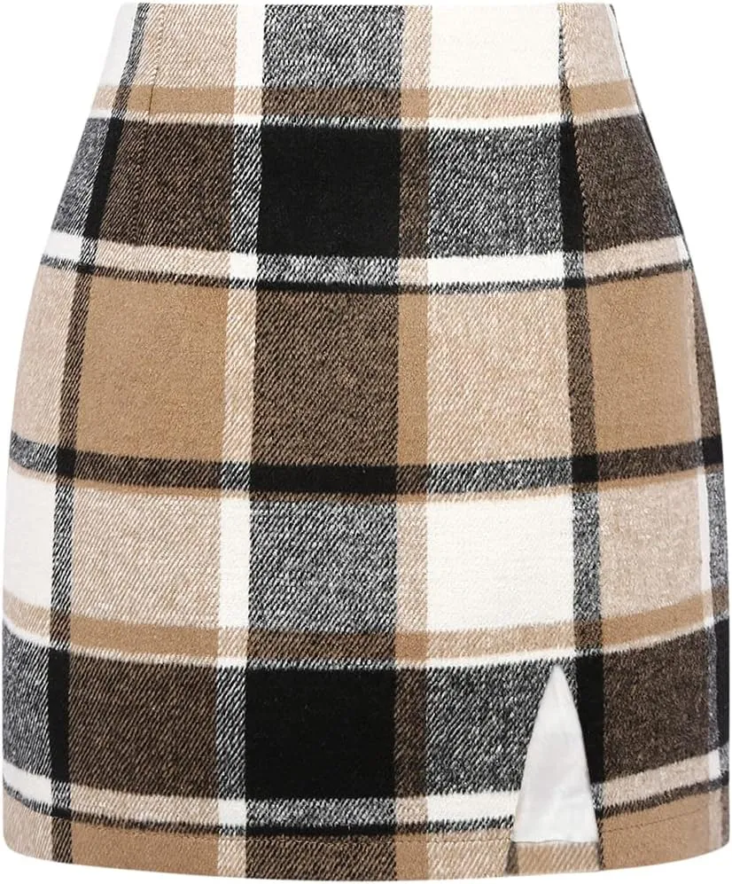 Plaid Mini Skirts for Womens High Waisted Fall Winter Wool Bodycon Pencil Skirts with Slit