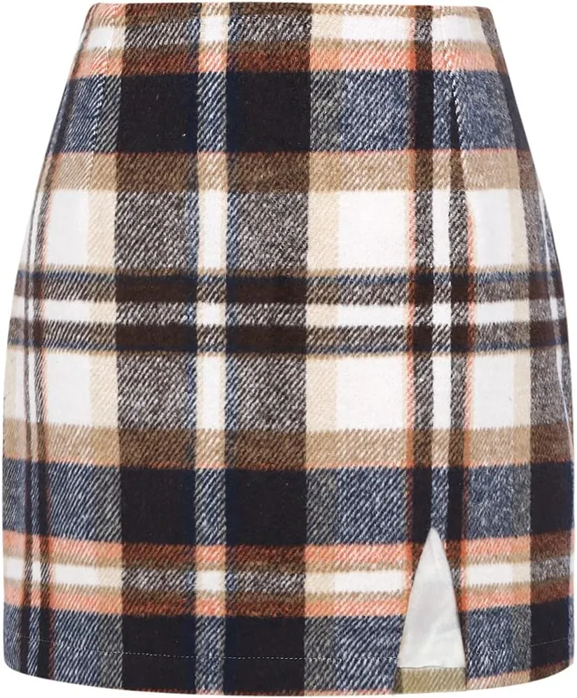 Plaid Mini Skirts for Womens High Waisted Fall Winter Wool Bodycon Pencil Skirts with Slit
