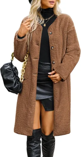 Poetsky Womens Winter Teddy Faux Fur Coats Warm Button Down Fuzzy Fleece Long Jacket Outerwear Outfits