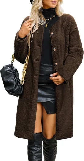 Poetsky Womens Winter Teddy Faux Fur Coats Warm Button Down Fuzzy Fleece Long Jacket Outerwear Outfits